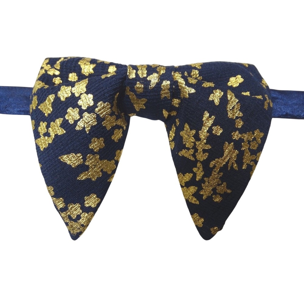 Handmade Navy Blue Gold Floral Brocade Pointed Wingtip Pre-Tied Bow Tie Mens